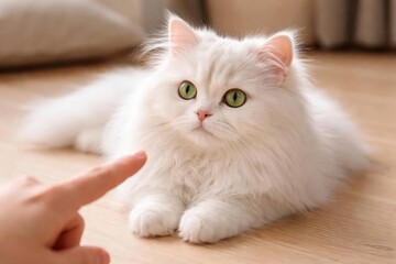Obraz premium Affectionate white Persian cat with bright green eyes on floor relaxed observing finger
