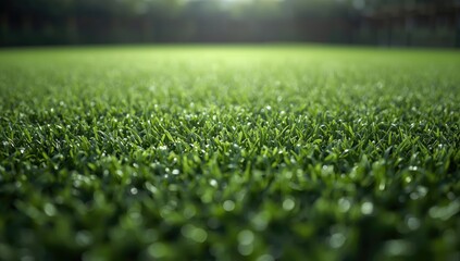 Obraz premium Close-up of artificial turf with detailed green fibers for outdoor landscaping, focusing on surface texture and wear resistance