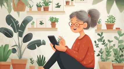 selective focus senior using technology to care for plants in cartoon style