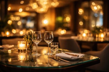 Naklejka na ściany i meble Softly blurred luxury restaurant scene with glass tabletop and warm glow background