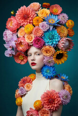 Surreal floral portrait of woman with vibrant flowers and artistic botanical fashion
