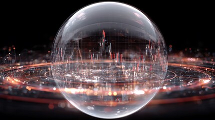 Glowing sphere with data visualization and light rings, set against a dark background