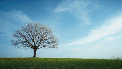 Part of a leafless tree with swelling buds in front of a blue sky, indicating early spring growth, seasonal change