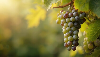 Fototapeta premium Bunches of colorful grapes hanging in natural light, fruit freshness for layout backdrop