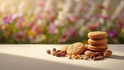 Cookies and nuts arranged with flowers in a bakery setting, highlighting artisanal baking techniques, International Baking Day