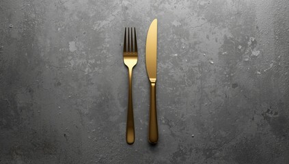 Cutlery set with a golden fork and knife arranged on a grey concrete surface, emphasizing background texture