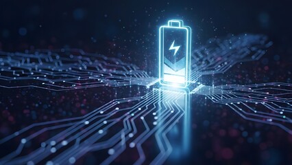 Glowing battery icon on digital circuit board. Energy storage and power management. Neon energy symbol standing on futuristic data network lines