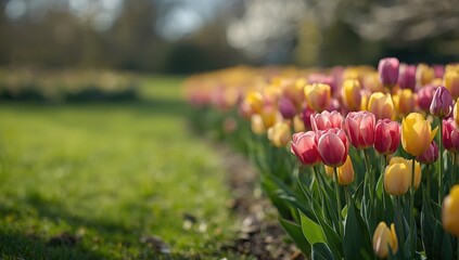 Colorful tulip flowers in a blooming spring landscape with a soft focus, ideal for editorial header backgrounds