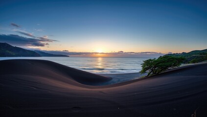 Hachijo-jima island black sand dunes with water and sky, highlighting coastal erosion preservation