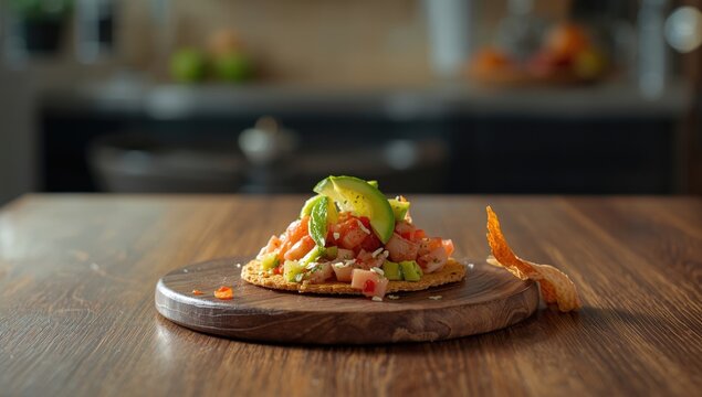 A crispy tostada topped with ceviche, featuring raw seafood and herbs, ideal for a seafood appetizer or casual dining, World Seafood Day