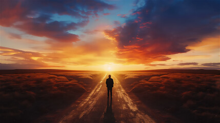 夕焼けの道を歩く人