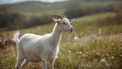 Fototapeta premium White goat standing in natural farm setting, highlighting livestock care