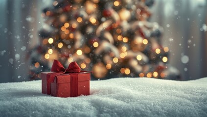 Festive red gift box with ribbon on snow, holiday wrapping for seasonal celebrations, Christmas