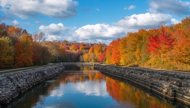 Seasonal scene featuring a canal and quarry filled with water during fall in Lemont, Illinois, for use in environmental or landscape design