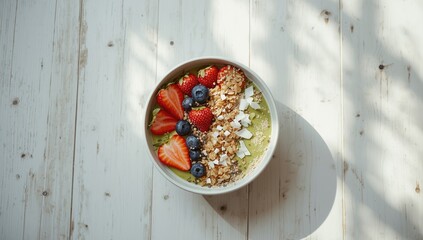 Overhead view of a matcha green tea smoothie bowl with fresh strawberries blueberries and coconut flakes, designed as a fiber-dense breakfast option, World Food Day