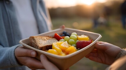 Two hands hold a disposable container filled with fresh fruit and bread shared outdoors at sunrise