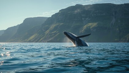 Fototapeta premium Marine mammal activity with a whale emerging from water in Iceland, focusing on wildlife observation