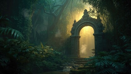 Naklejka premium Sunlit jungle scene with morning fog, suitable for nature-themed layouts or environmental awareness