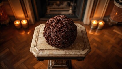 Naklejka premium Assorted chocolate roses placed on a marble fireplace surface with candles nearby, ideal for holiday centerpiece