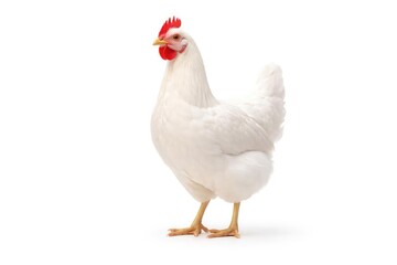 Fototapeta premium White chicken standing solo on a smooth white backdrop surface