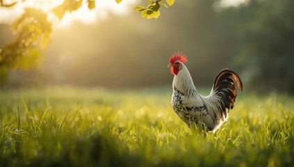 Rooster with multicolored plumage in a farmyard scene, focusing on animal diversity