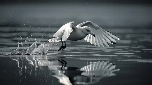 Seagull swooping to catch fish from the water's surface in a serene aquatic scene captured in video