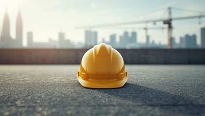 Construction worker with a hard hat for safety compliance on a city project site