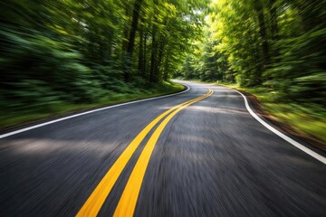Dynamic view of a curving asphalt road with bright yellow centerline surrounded by dense green foliage showing motion and surface texture