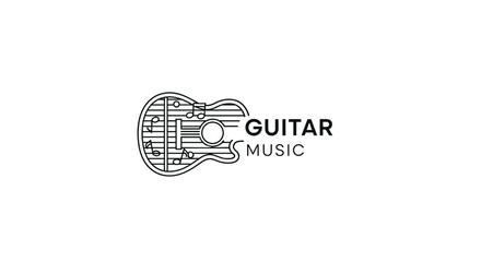 Creative 'Guitar Music' logo concept featuring an acoustic guitar outline filled with musical notes and a staff in a clean line art style.