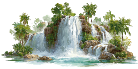 A picturesque tropical scene with a cascading waterfall amid lush greenery and clear water
