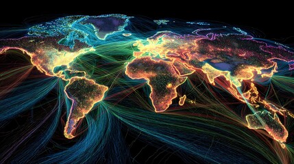 Glowing digital map of the world with color-coded lines representing global connections