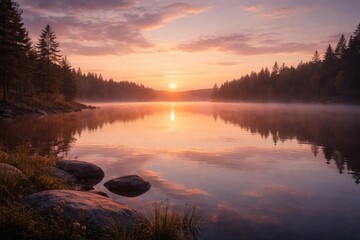 Fototapeta premium Peaceful sunrise scene with soft hues reflected on still lake