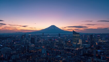 High-altitude shot of a metropolitan area with a distant mountain, focusing on urban expansion and natural landmarks