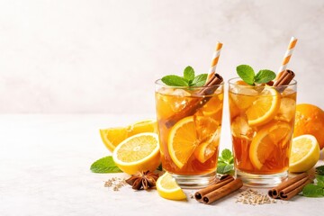 Fototapeta premium Glasses of citrus cinnamon iced tea with designated copy space