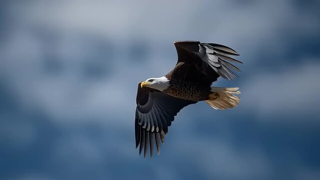 Eagle soaring through clear blue sky with outstretched wings in a majestic flight captured in high definition video