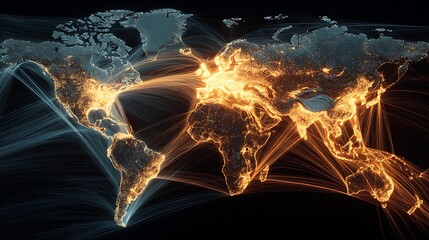 Illuminated digital map of Earth with bright lines connecting global areas