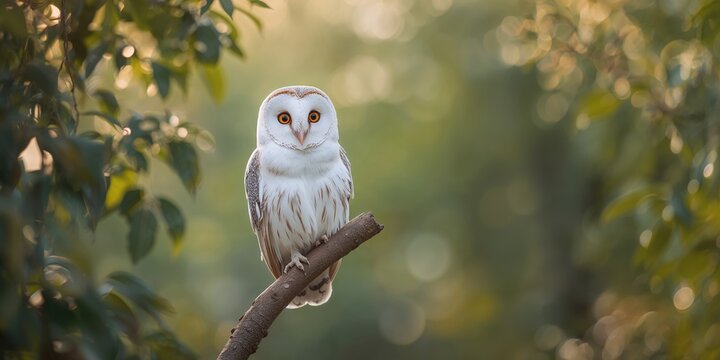 White-faced scops owl with large orange eyes perched in a tree, visual focus, wildlife observation day