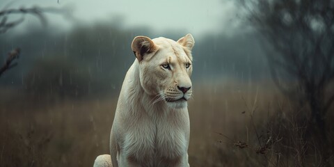 White lion female resting in a drizzly environment highlighting animal behavior