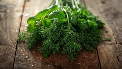 Assorted herbs displayed on a wooden background, suitable for use in food styling or recipe development