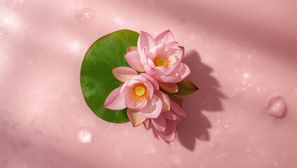 Fototapeta premium Pink background with a flat arrangement of blooming lotus flowers, ideal for floral design or nature-themed layout, World Environment Day