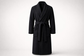 Black dressing gown made of wool seen from the front on a neutral background