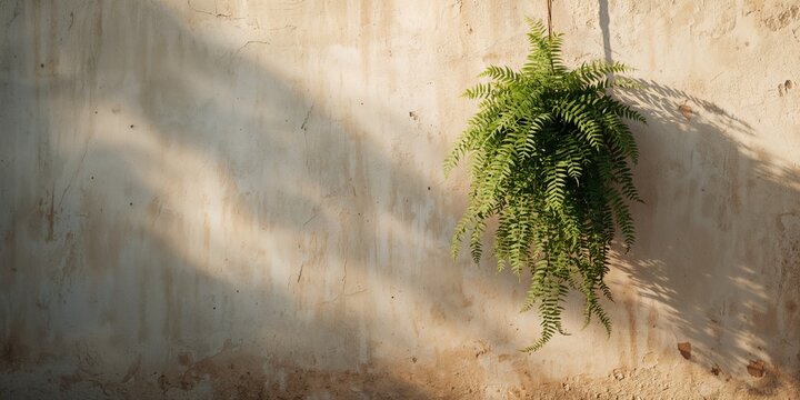 Ferns and maidenhair fern leaves displayed against a wall, used as natural wall covering or background, World Environment Day