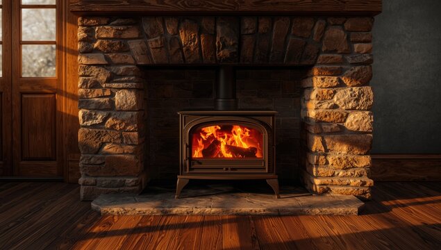 Cozy indoor scene featuring a log burner and fireplace with natural morning light, focusing on heating system safety,
