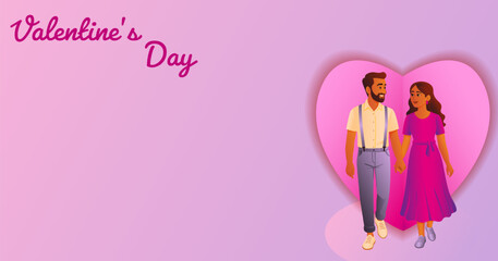 Romantic couple with decorative hearts and waves. Valentine Day cards, posters, love-themed vector designs. Horizontal isolated vector illustration.