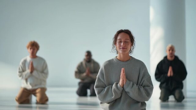 Four people kneel with closed eyes and hands in prayer pose, engaging in a group meditation session. The spacious, sunlit studio enhances the tranquil and harmonious mood