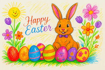 Scribbles Rabbit with eggs and text Happy Easter in chaotic wax crayon drawing style