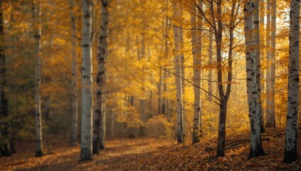 Obraz premium Birch trees with yellowed leaves in an autumn landscape, highlighting seasonal change in a natural setting