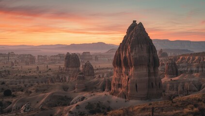 Breathtaking desert scenery with large sand pillars in a mountainous terrain under a vivid sky, highlighting erosion processes