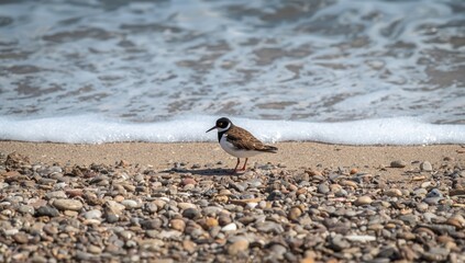 Ruddy Turnstone resting among beach pebbles and surf, highlighting coastal bird activity