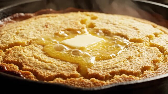 Rustic Golden Skillet Cornbread Freshly Baked and Steaming, with A Pat of Butter Melting on Top In